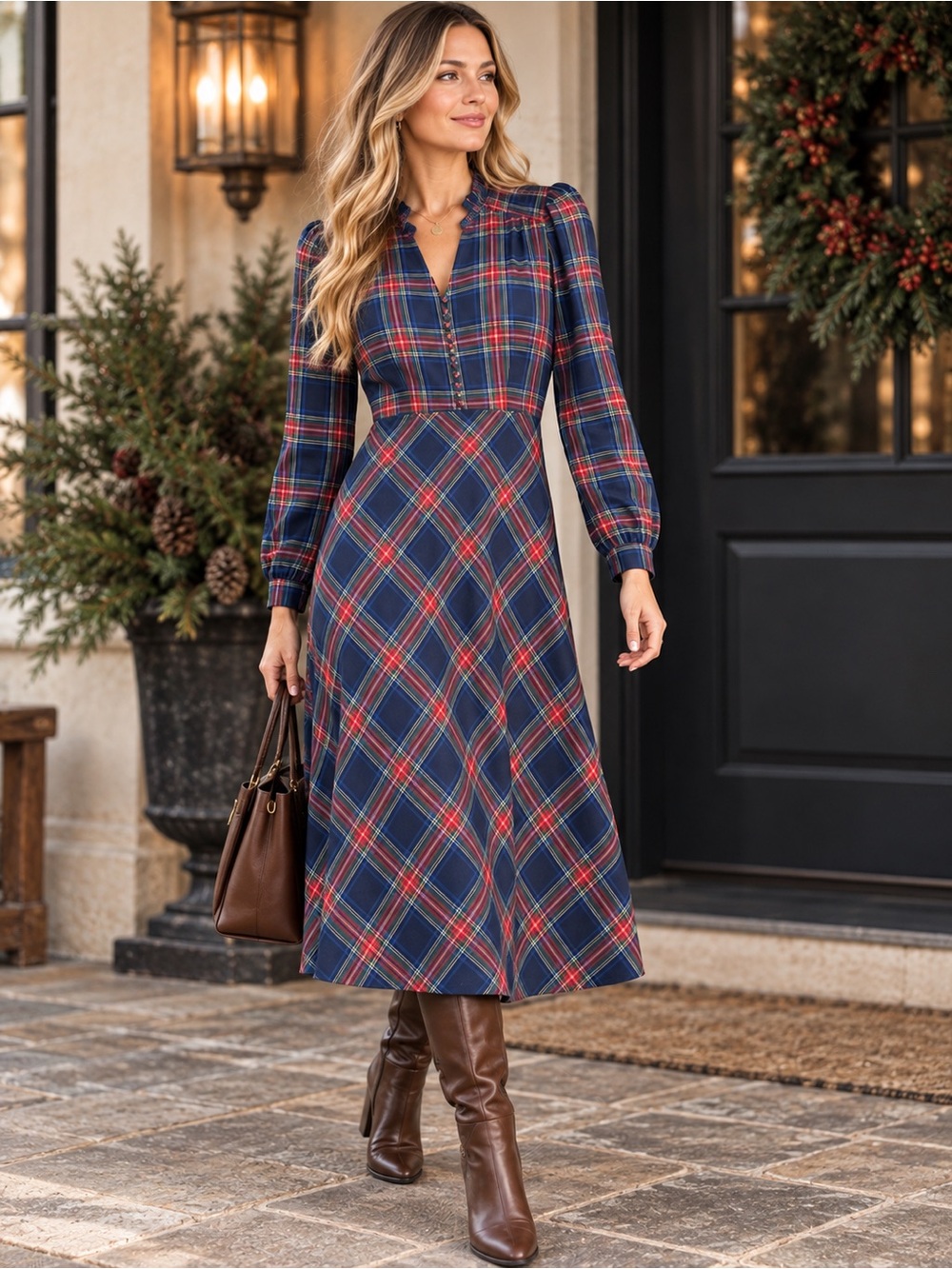 Boden Cassie Check Tea Dress 8P Navy Tartan Plaid Long Sleeve Holiday #521